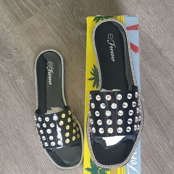 Jeweled Flat Jelly Sandals Black size 7 - Picture 5 of 6